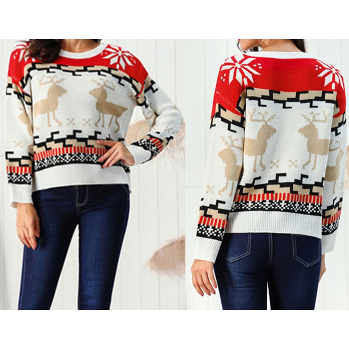Geometric Reindeer Snowflake Knit Round Neck Classic Holiday Sweater Minimalist