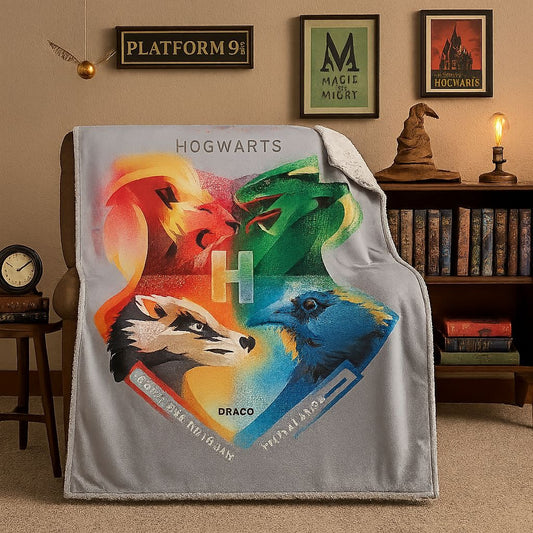 Harry Potter 50x60 Sherpa Plush Blanket Hogwarts Crest Slytherin Ron Hermione Licenced Warner Bros. Throw