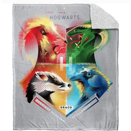 Harry Potter 50x60 Sherpa Plush Blanket Hogwarts Crest Slytherin Ron Hermione Licenced Warner Bros. Throw