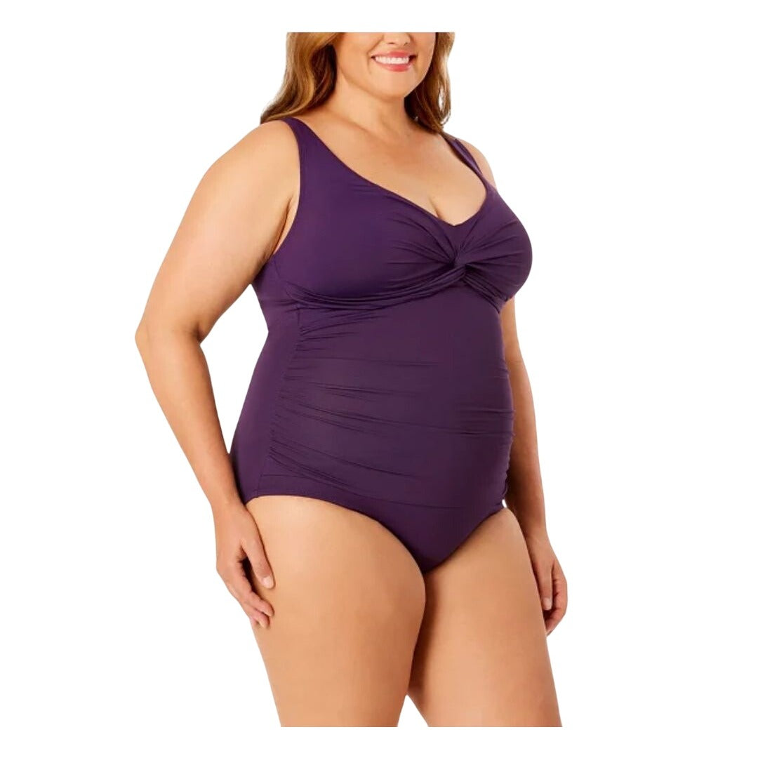 Lands' Ends Swimwear One Piece Twist Front V-Neck Bathing Suit UPF 50 Purple