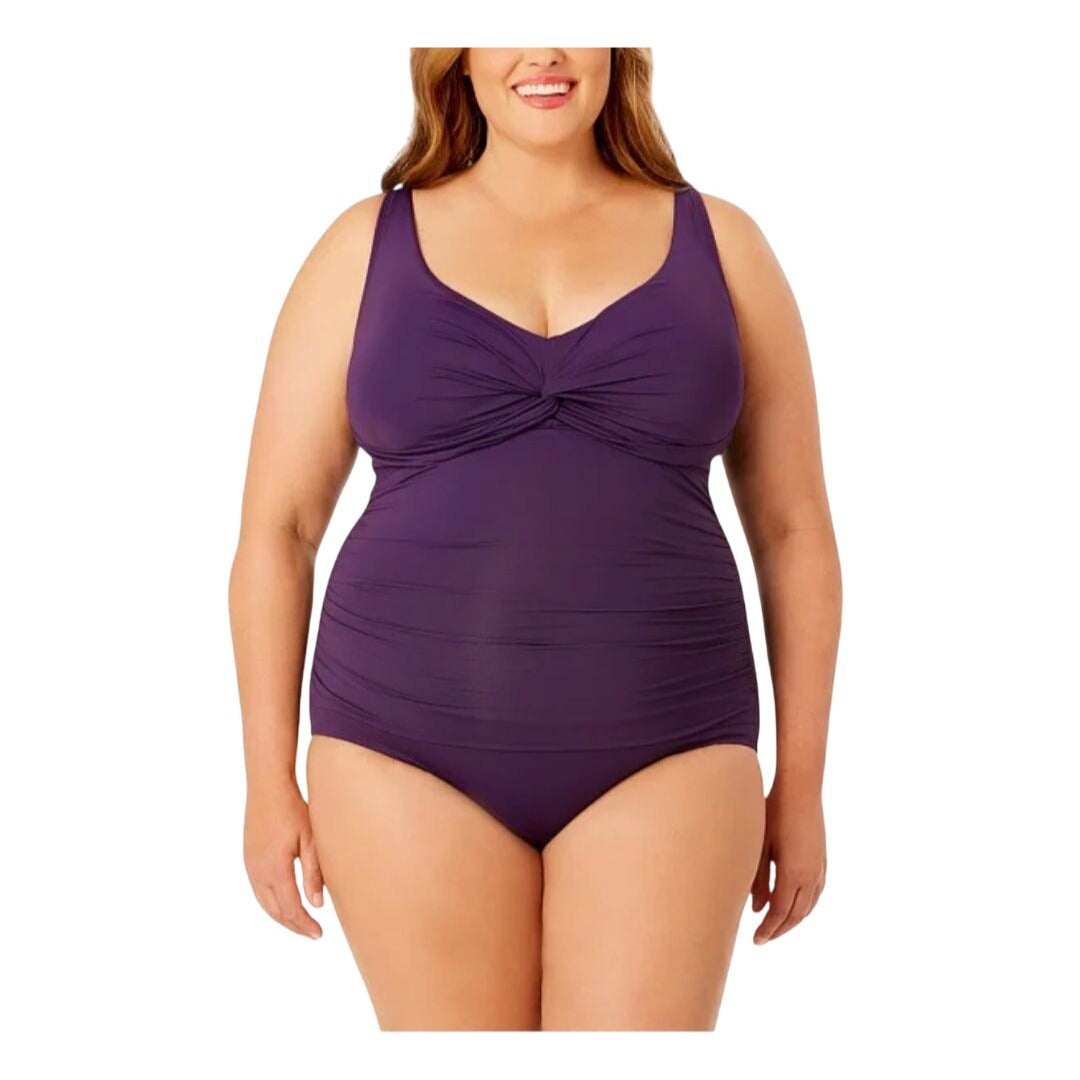Lands' Ends Swimwear One Piece Twist Front V-Neck Bathing Suit UPF 50 Purple