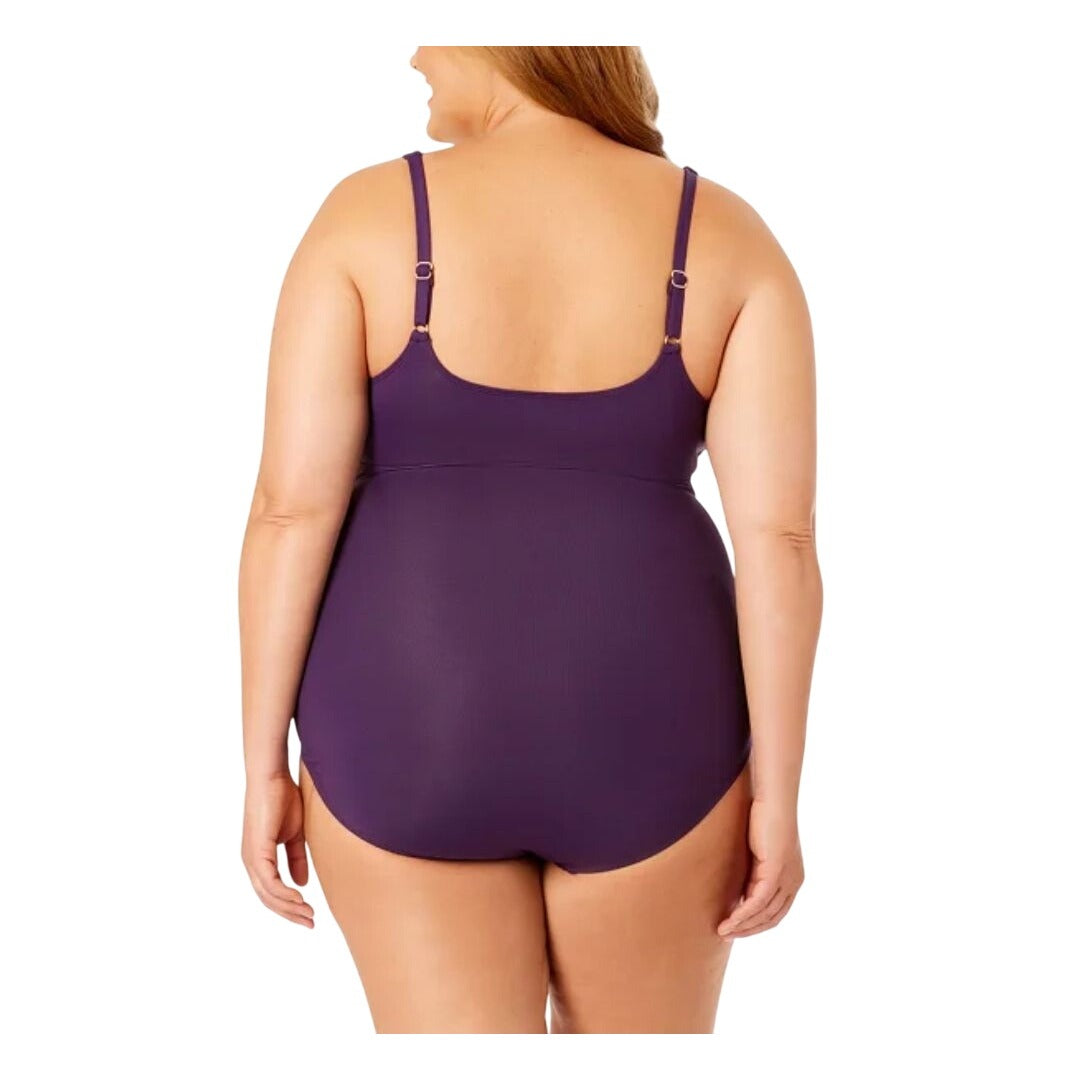 Lands' Ends Swimwear One Piece Twist Front V-Neck Bathing Suit UPF 50 Purple
