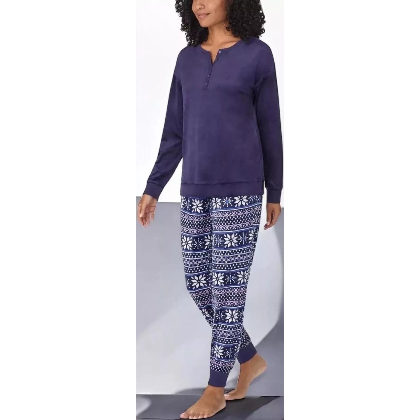 Nautica Women Pajama Set Matching PJ Fleece Sleepwear Top Pants Fair Isle Blue