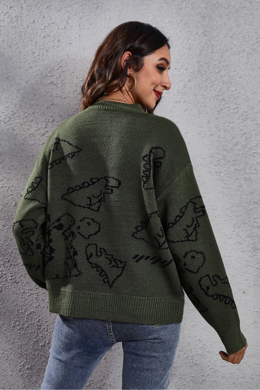 Dinosaur Knit Round Neck Playful Long Sleeve Oversized Pullover Sweater Shirt