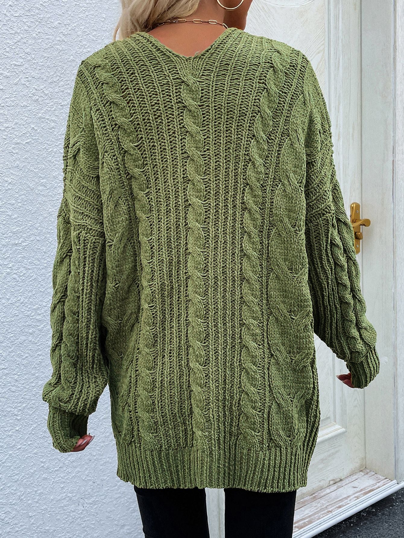 Cable-Knit Long Classic Open Front Pocket Fall Winter Boho Cardigan