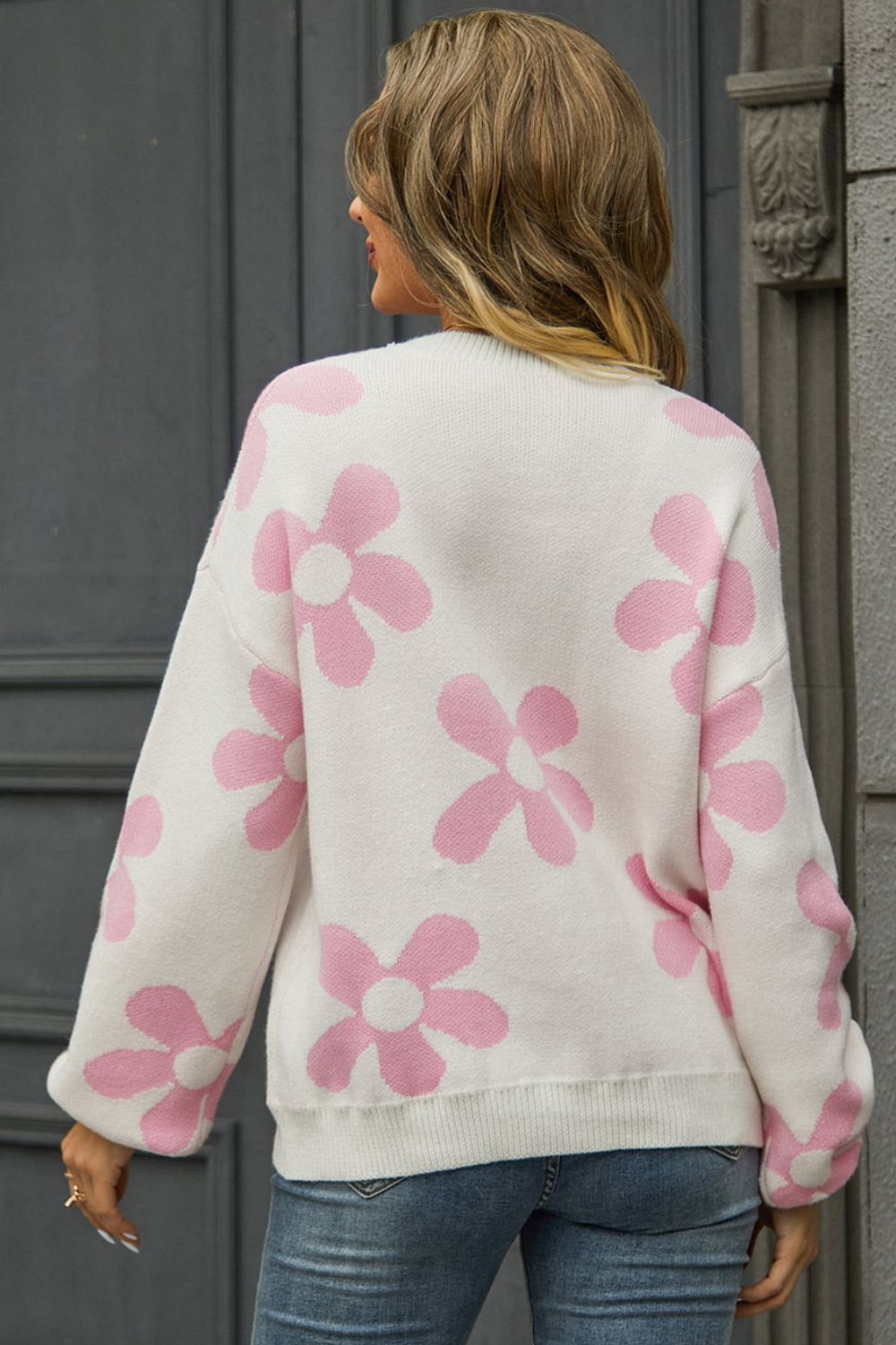 Flower Power Retro Floral Knit Round Neck Long Sleeve Oversized Pullover Sweater
