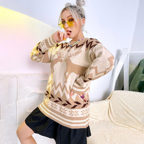 Geometric Reindeer Fair Isle Knit Round Neck Classy Holiday Sweater Top