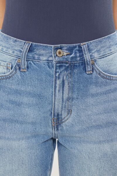 KanCan High-Rise Distressed Denim Raw Cropped Straight Leg Mom Jean Cotton Pants