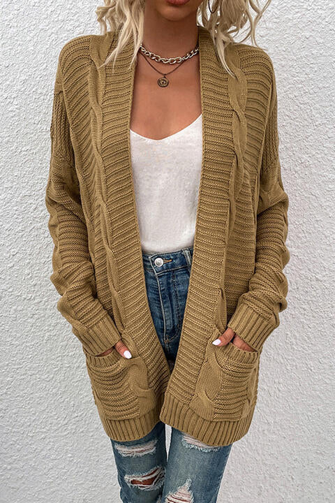 Oversized Cable Knit Classic Open Front Patch Pocket Cardigan Fall Winter