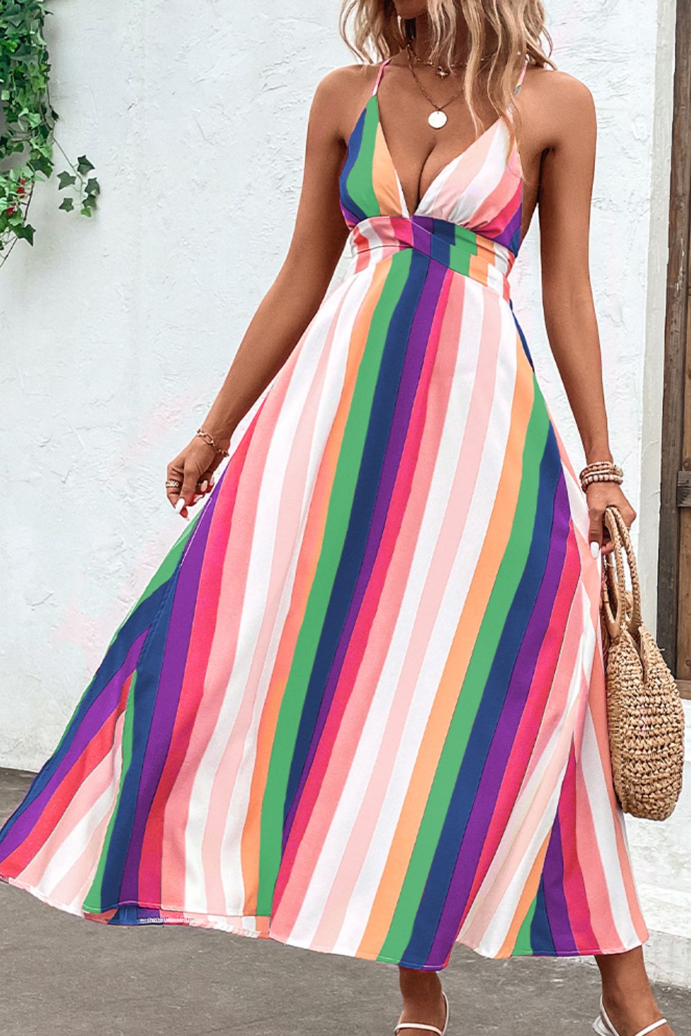 Bright Summer Stripe Backless Cross Tie Split Leg Maxi Dress (Plus Size Available)