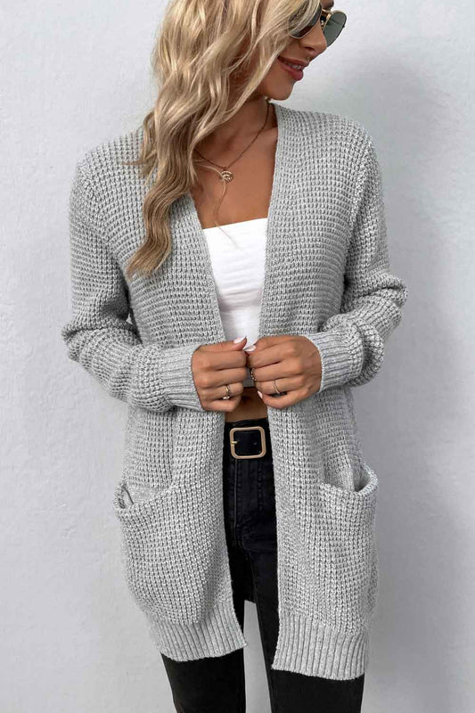 Waffle Knit Longline Open Front Sweater Pocket Cardigan