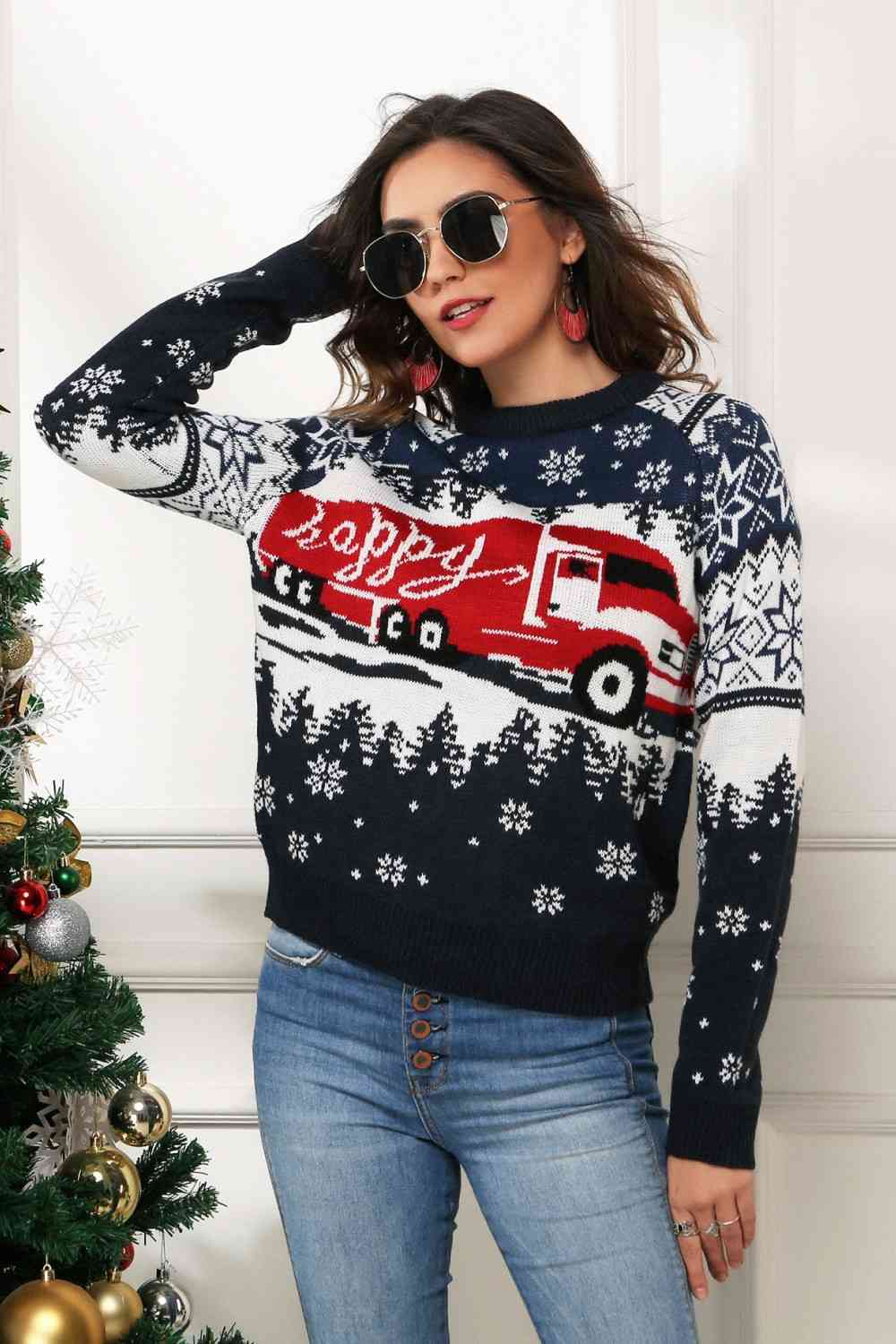 HAPPY Semi Truck Knit Fair Isle Geometric Snowflake Classic Pullover Winter Sweater