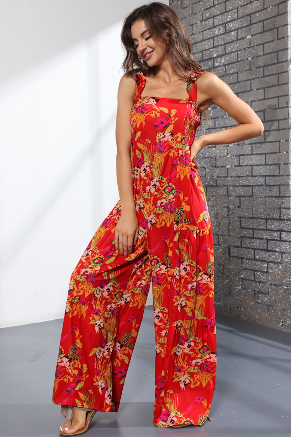 Floral Smock Side Jumpsuit Tiered Oversized Wide Leg One-piece Pant Outfit