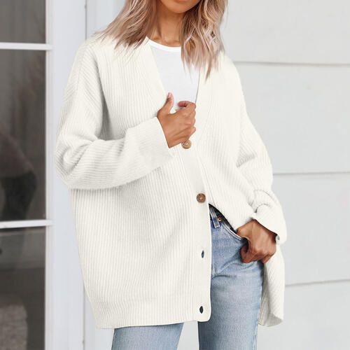 Ribbed Knit Oversized Button Front Classic Long Sleeve Button Front Cardigan