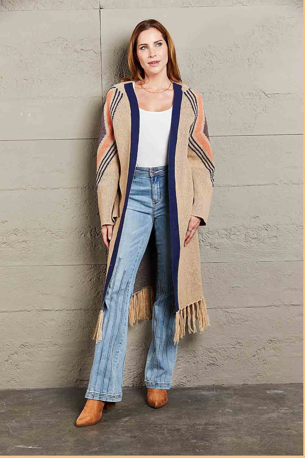 Fringe Retro Geometric Knit Cardigan Sleeve Colorful Open Front Sweater Duster