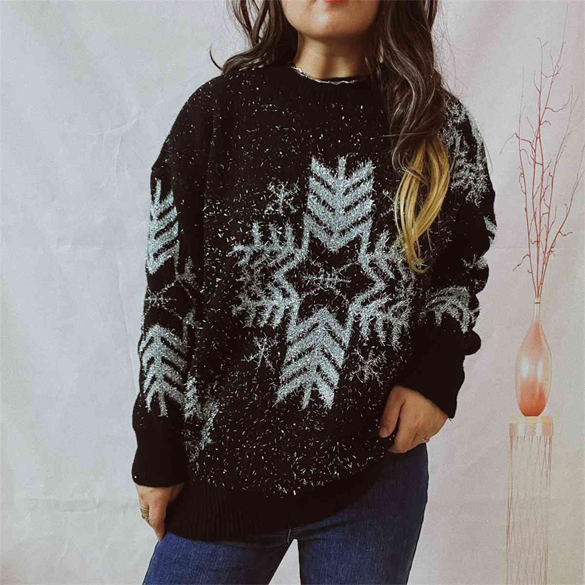 Fuzzy Contrasting Snowflake Knit Round Neck Classy Minimalist Winter Sweater