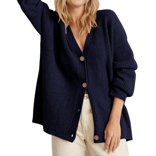 Ribbed Knit Oversized Button Front Classic Long Sleeve Button Front Cardigan