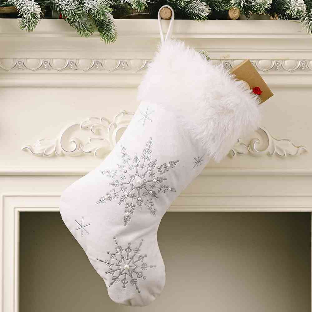 Faux Fur Embroidered Snowflake Beaded Holiday Christmas Stocking Festive Decor