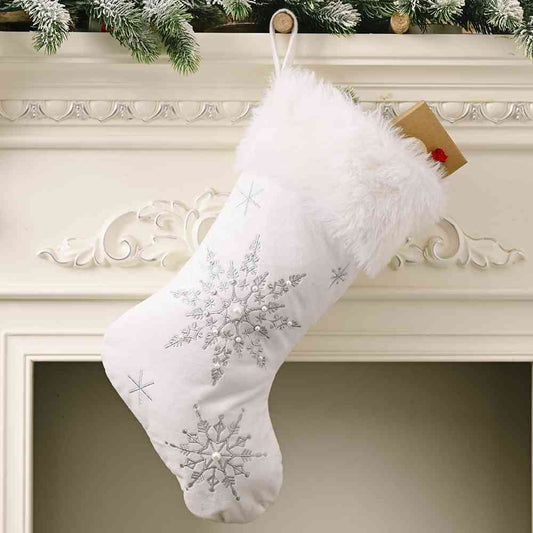 Faux Fur Embroidered Snowflake Beaded Holiday Christmas Stocking Festive Decor