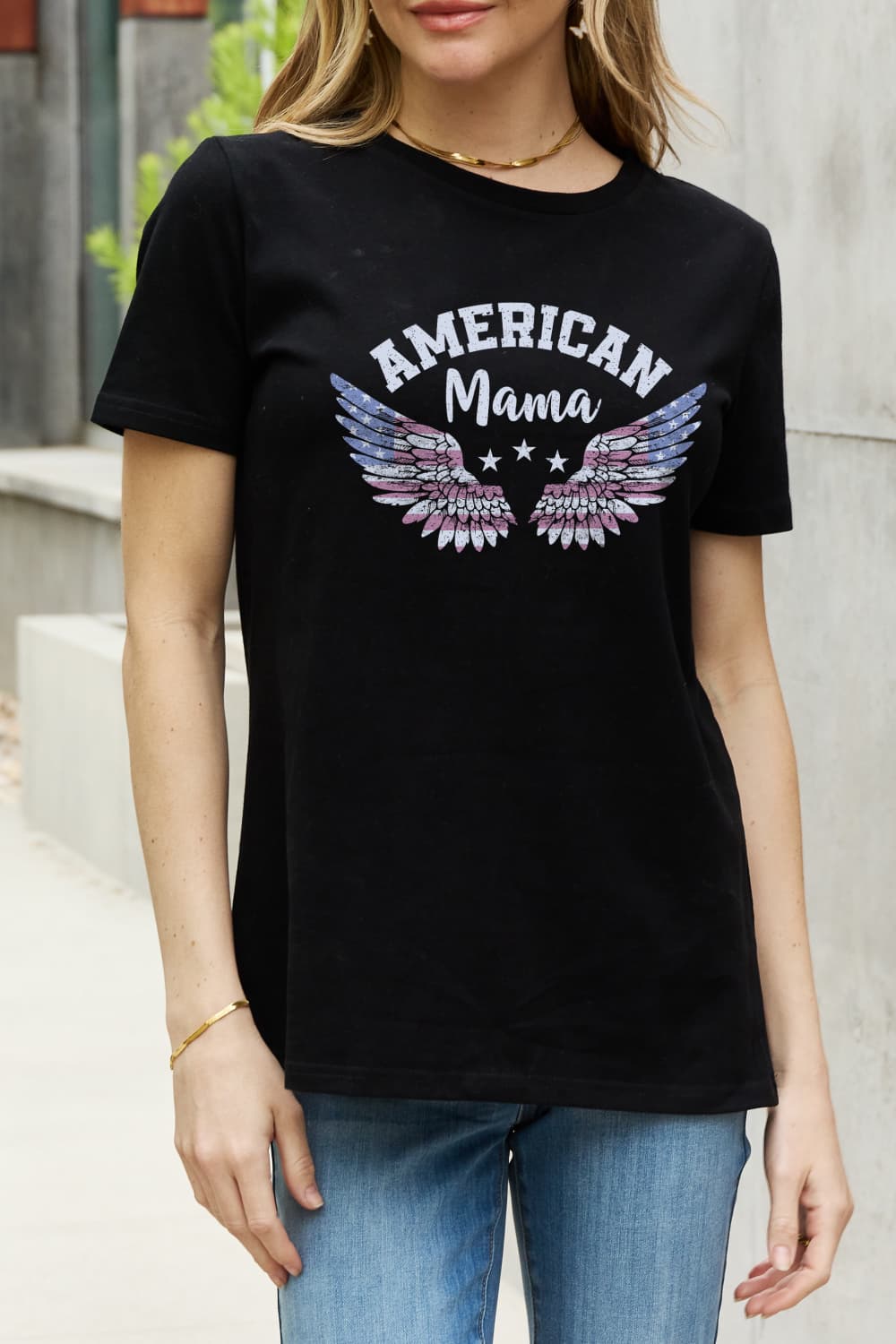 USA "AMERICAN MAMA" Patriotic Flag Wings 100% Cotton Short-sleeve Tee Shirt
