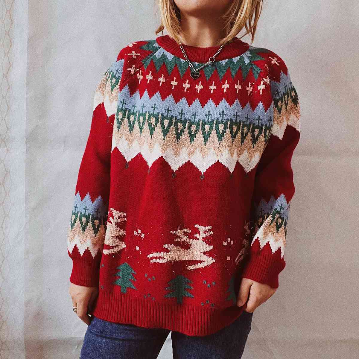 Reindeer Bold Knit Round Neck Classy Holiday Fair Isle Christmas Sweater
