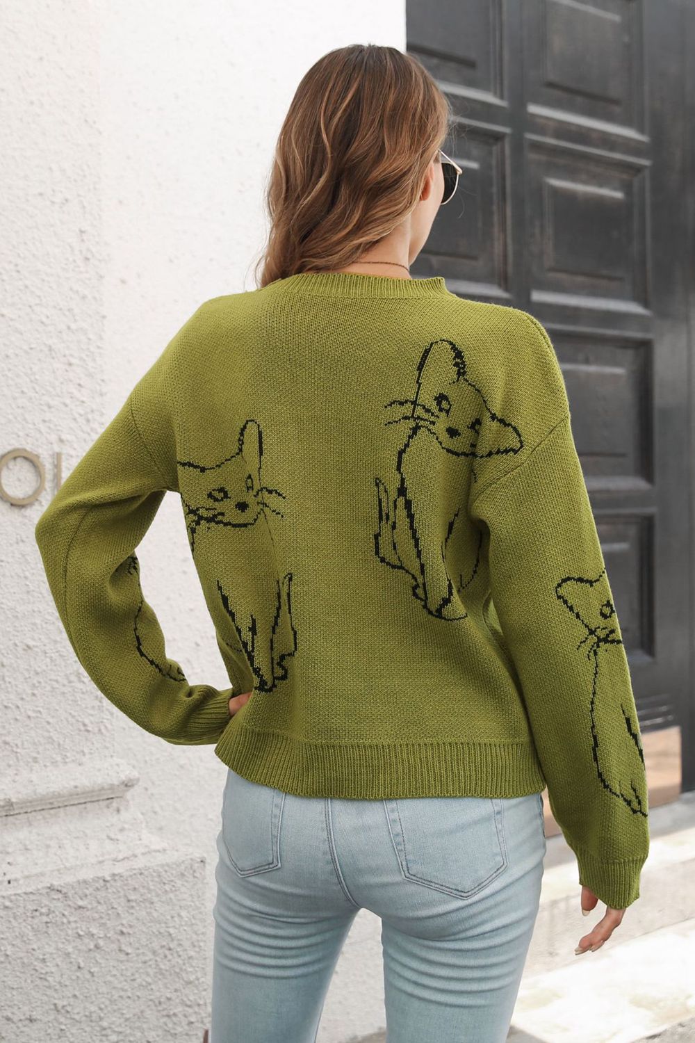 Kitty Cat Knit Round Neck Long Sleeve Pullover Sweater