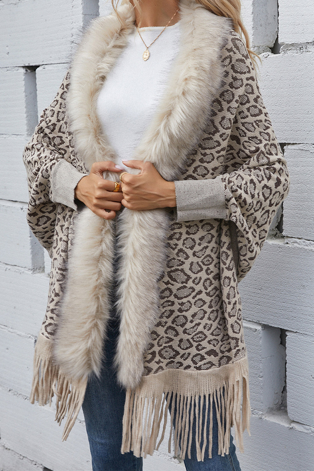 Faux Fur Knit Leopard Print Fringe Bottom Long Sleeve Cardigan Poncho