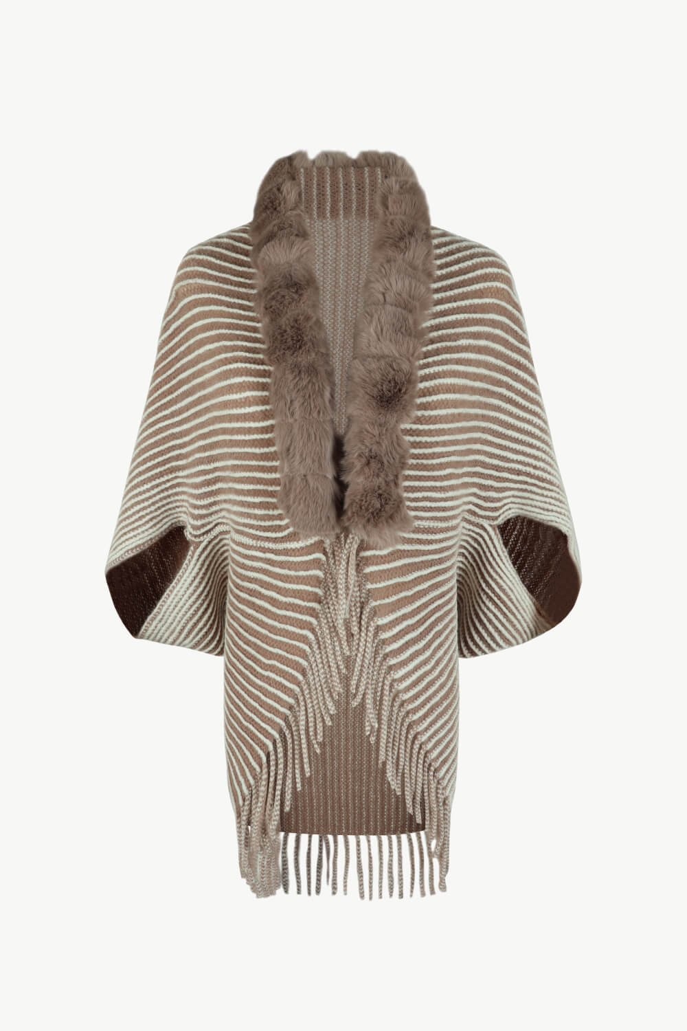 Stripe Faux Fur Retro Fringe Hem Open Front Shrug Knit Bolero Cardigan