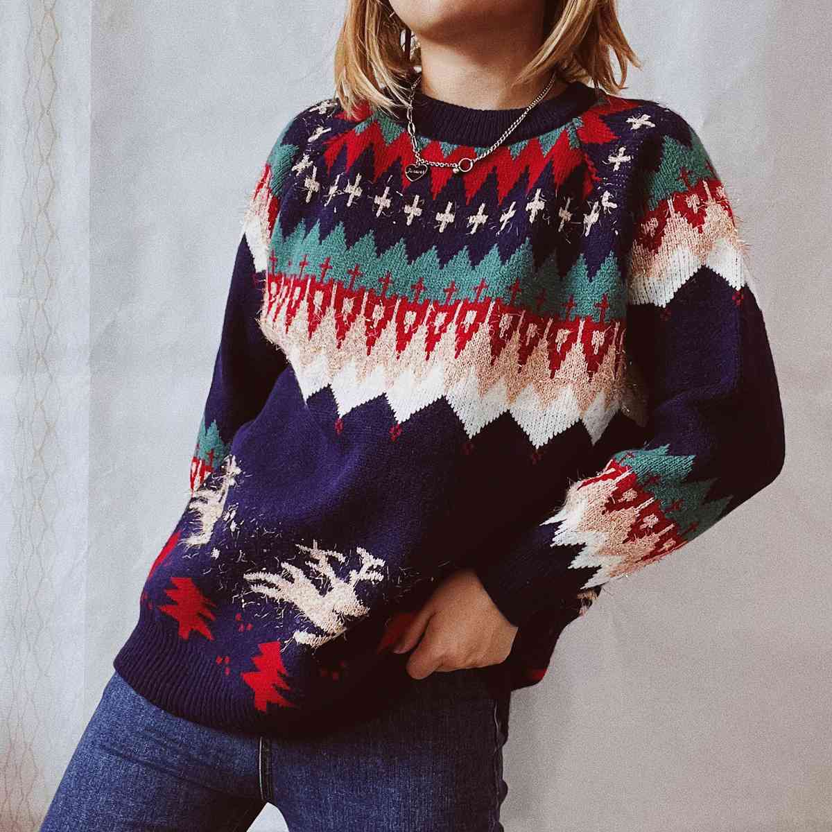 Reindeer Bold Knit Round Neck Classy Holiday Fair Isle Christmas Sweater