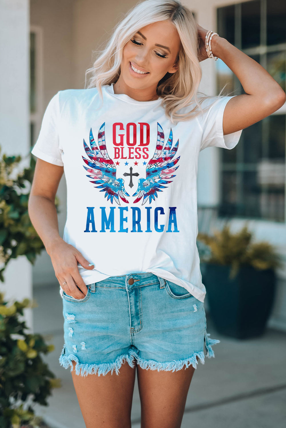 GOD BLESS AMERICA Graphic Top Cuffed Short Sleeve Tee Shirt