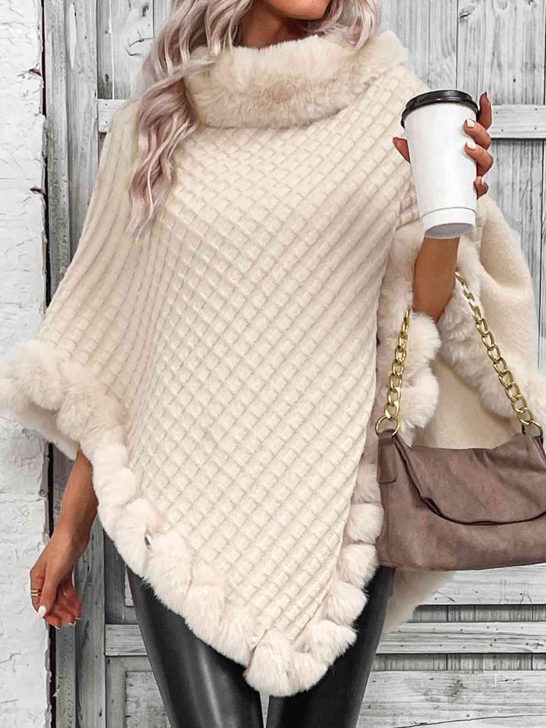 Soft Plush Faux Fur Woven Knit Oversized Pullover Sweater Jacket Poncho