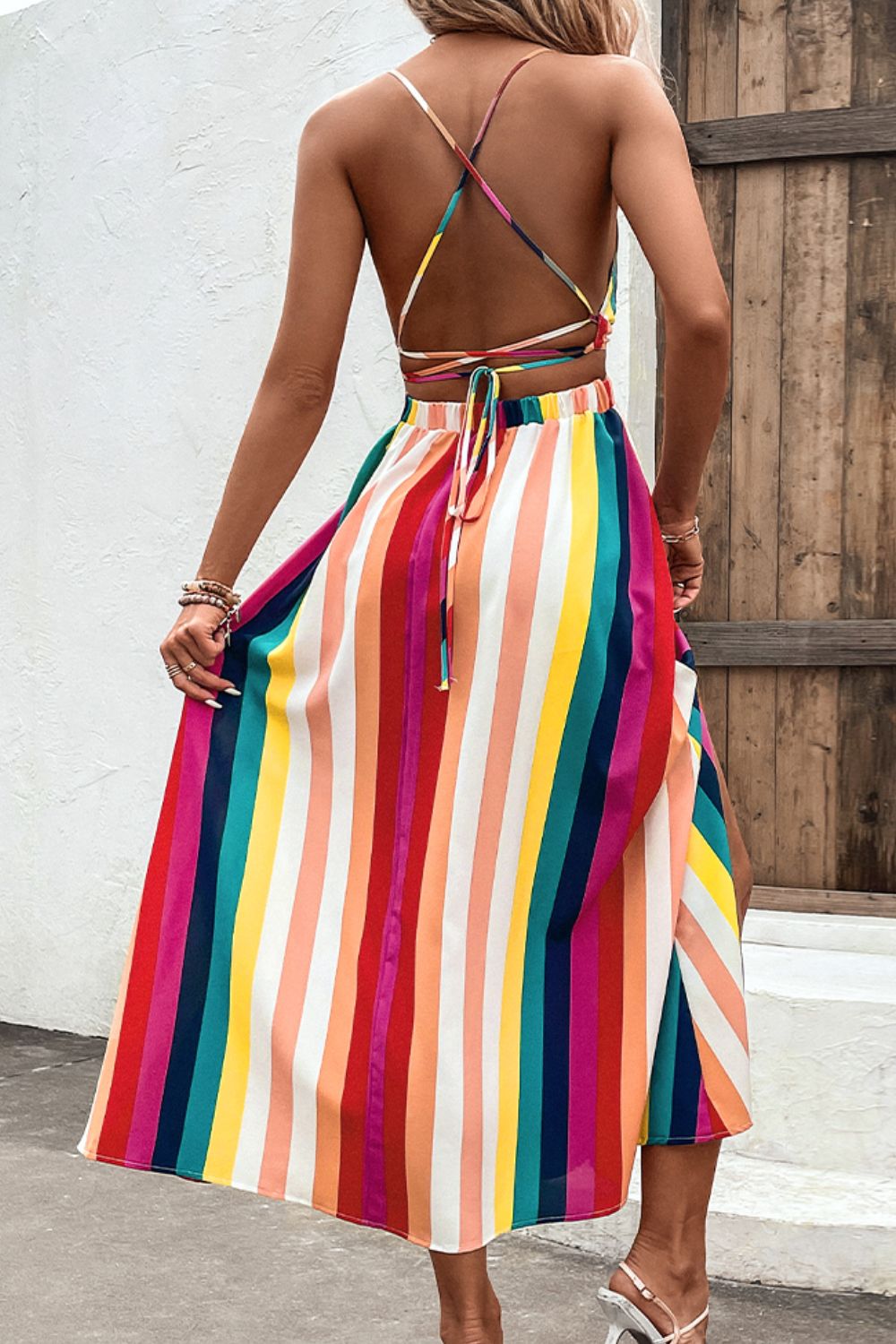 Bright Summer Stripe Backless Cross Tie Split Leg Maxi Dress (Plus Size Available)