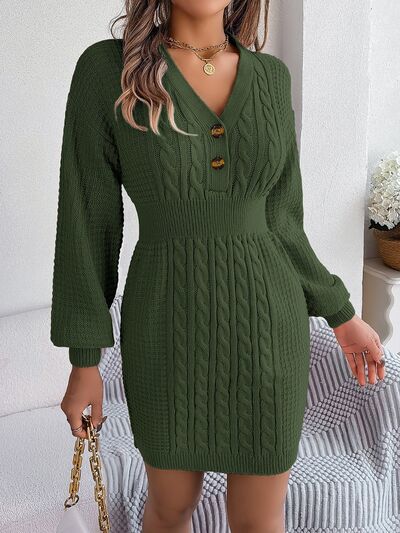 Cable Waffle Knit Blend Sweater Dress Buttoned V-neck Long Sleeve Mini