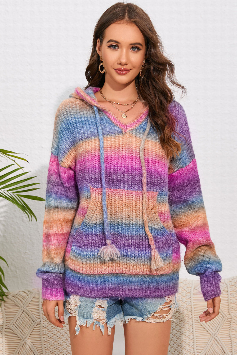 Bright Wool Blend Knit Colorful Stripe Hoodie Kangaroo Pocket Sweater Shirt