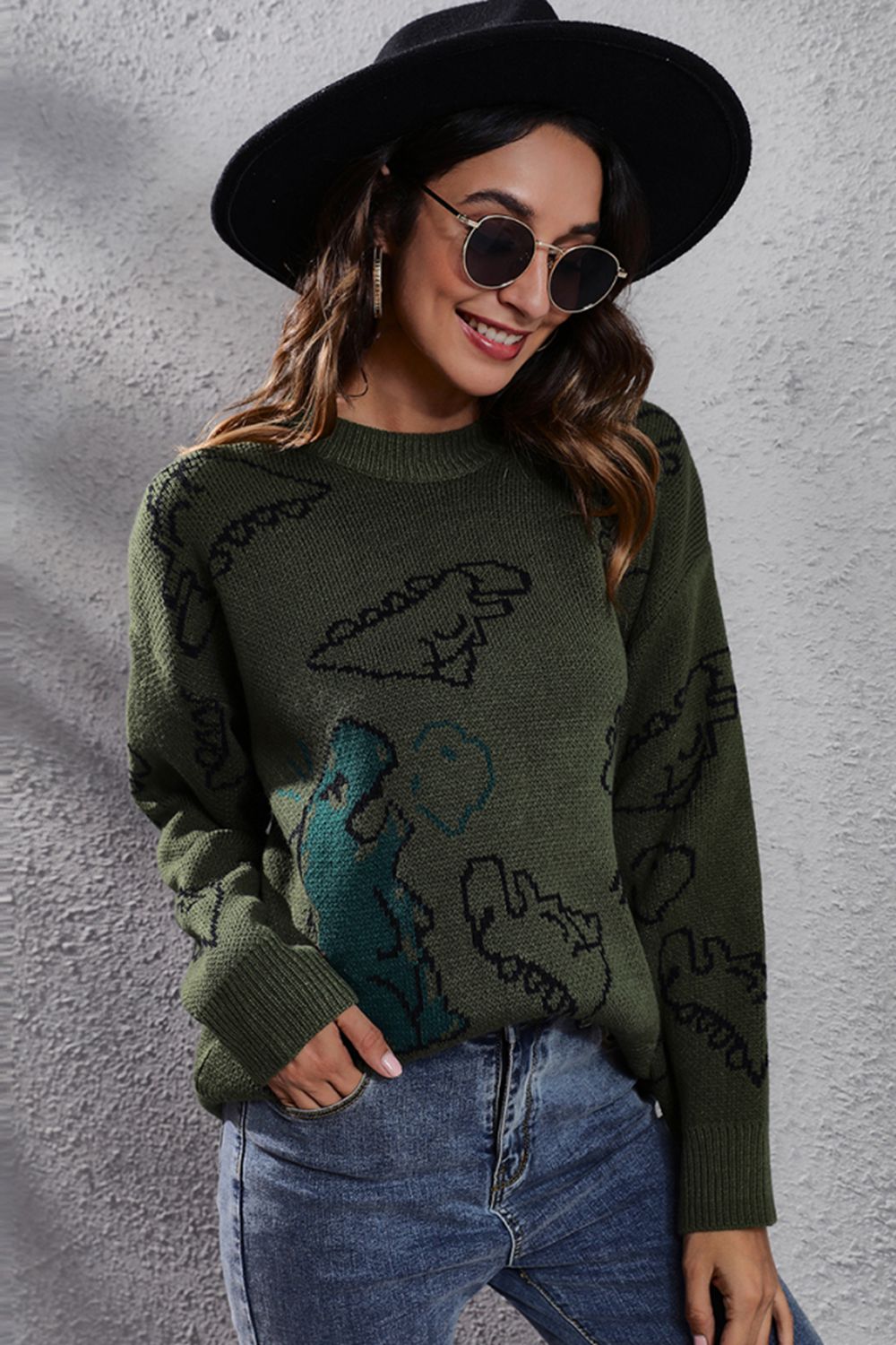 Dinosaur Knit Round Neck Playful Long Sleeve Oversized Pullover Sweater Shirt