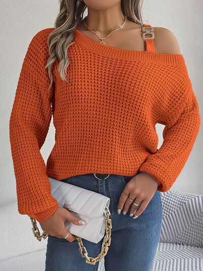 Waffle Knit Cold Shoulder Asymmetrical Gold Accent Long Sleeve Sweater Shirt