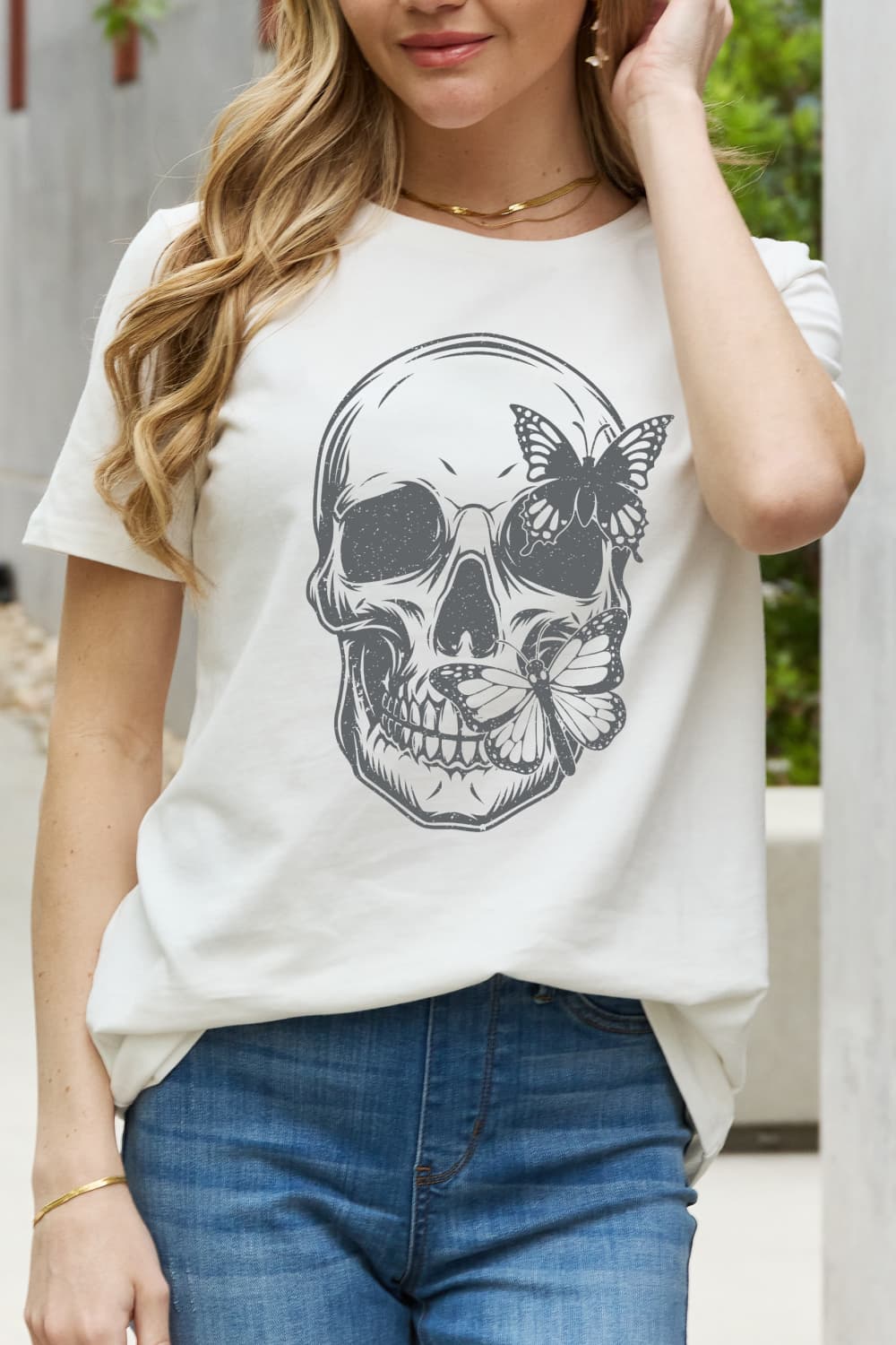 Butterfly Skull Contrasting Graphic 100% Cotton Short-sleeve Tee Shirt
