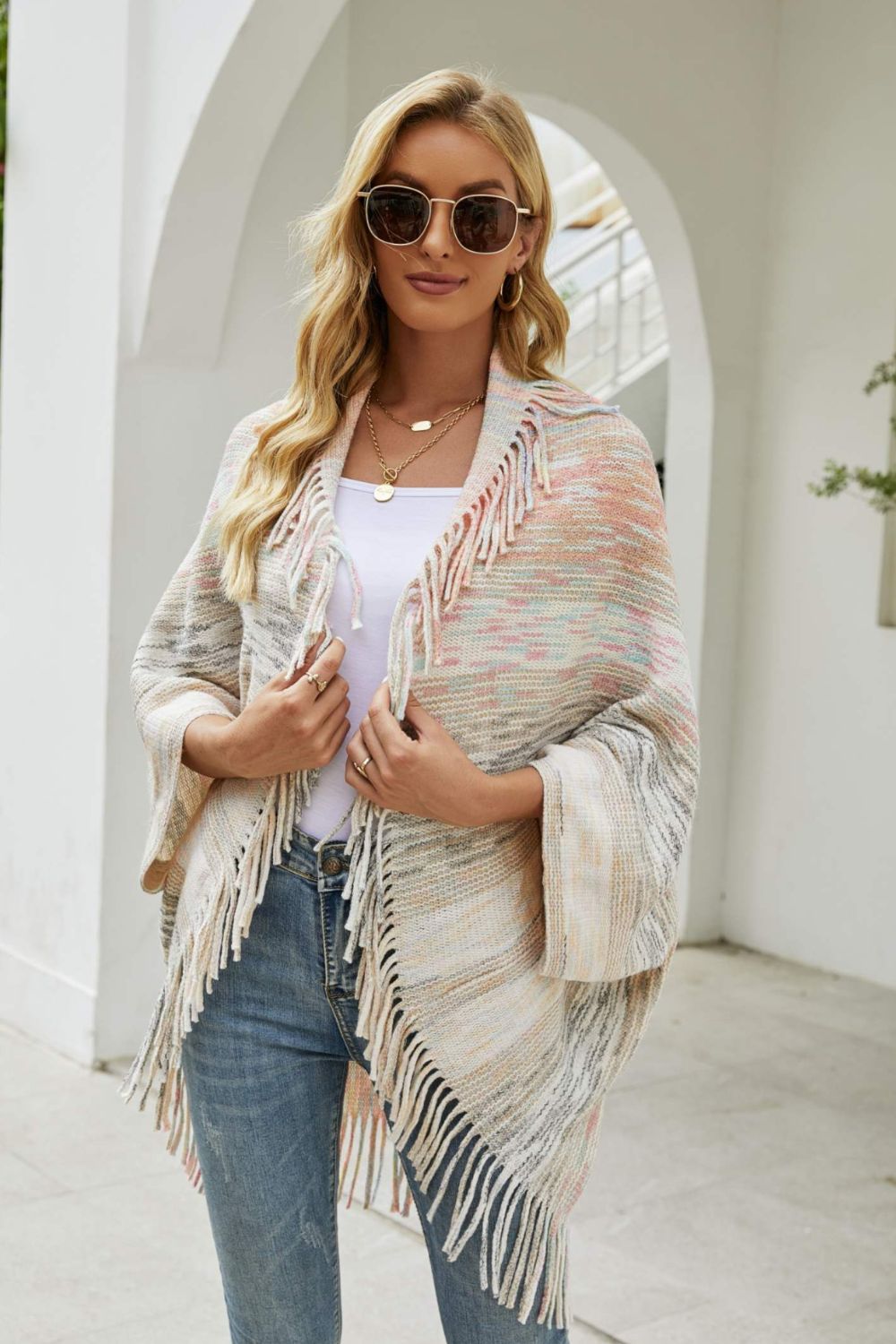 Colorful Rainbow Retro Fringe Hem Shrug Knit Bolero Open Front Sweater Cardigan