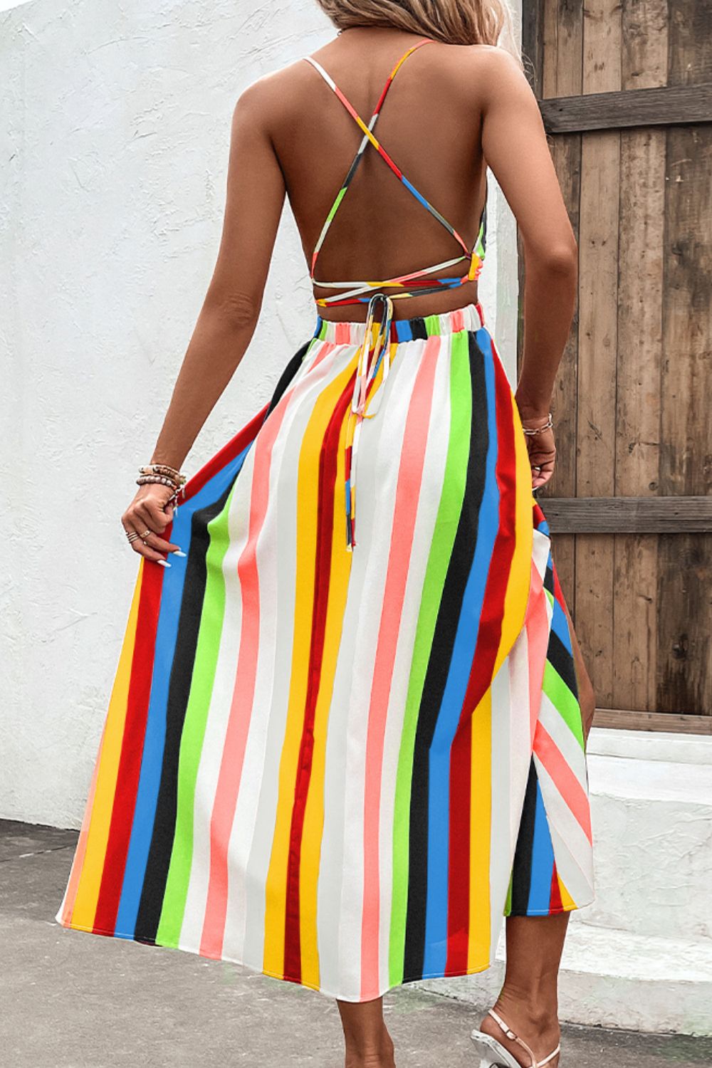 Bright Summer Stripe Backless Cross Tie Split Leg Maxi Dress (Plus Size Available)