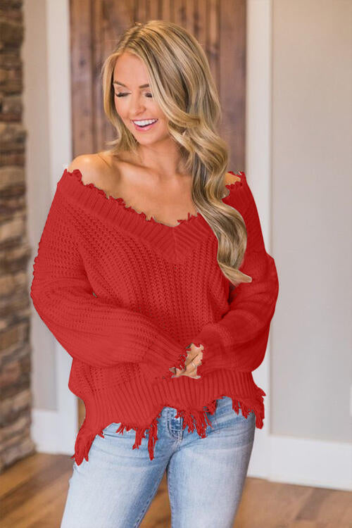 Distressed Raw Hem Off Shoulder Wide Neck Long Sleeve Waffle Knit Sweater Shirt