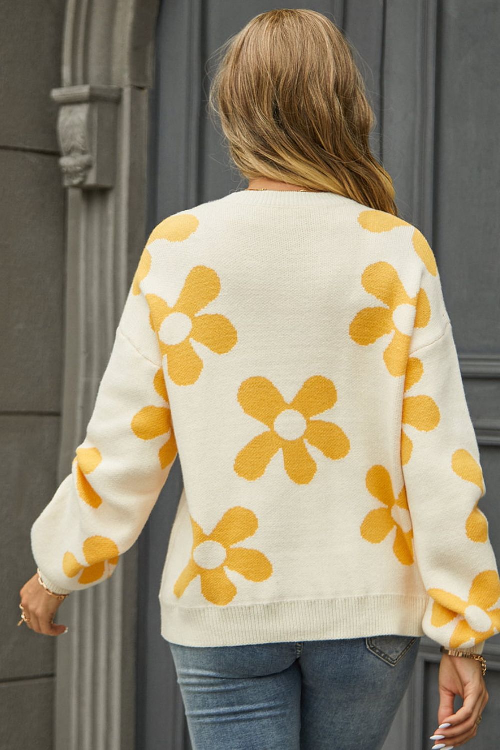 Flower Power Retro Floral Knit Round Neck Long Sleeve Oversized Pullover Sweater