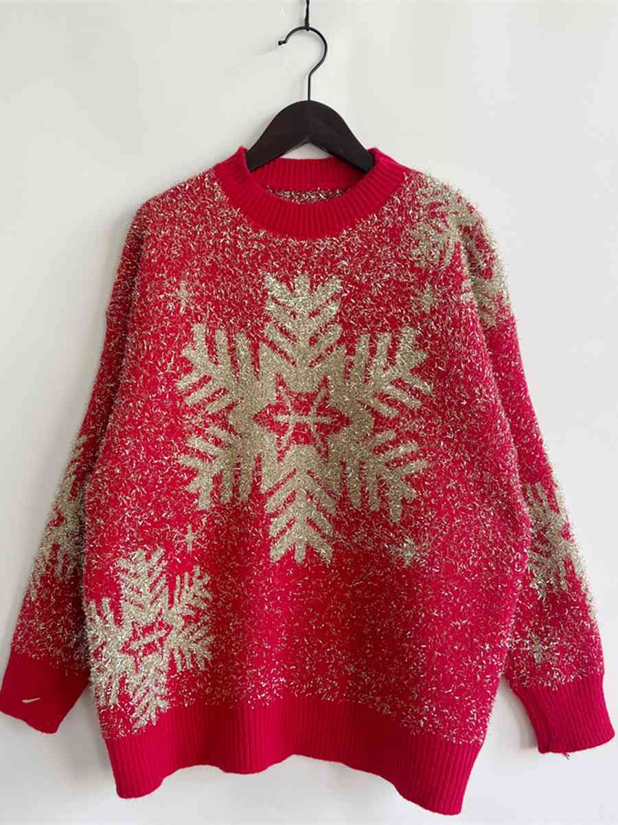 Fuzzy Red Gold Bold Knit Round Neck Classy Holiday Christmas Winter Sweater