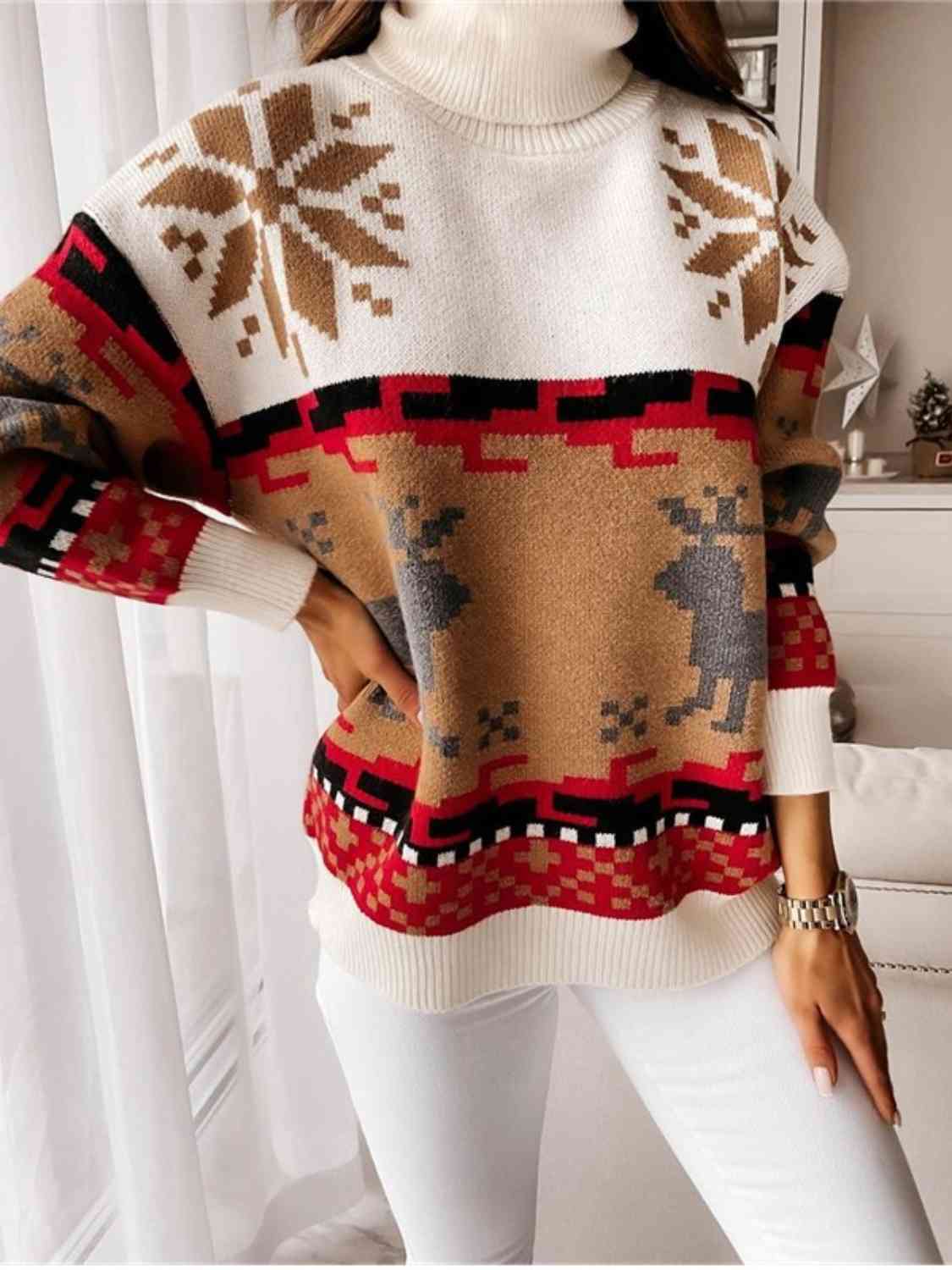 Knit Fair Isle Reindeer Snowflake Turtleneck Bold Geometric Classic Sweater