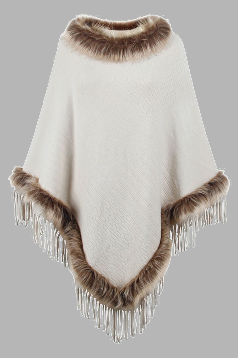Faux Fur Retro Fringe Hem Textured Knit Pullover Poncho