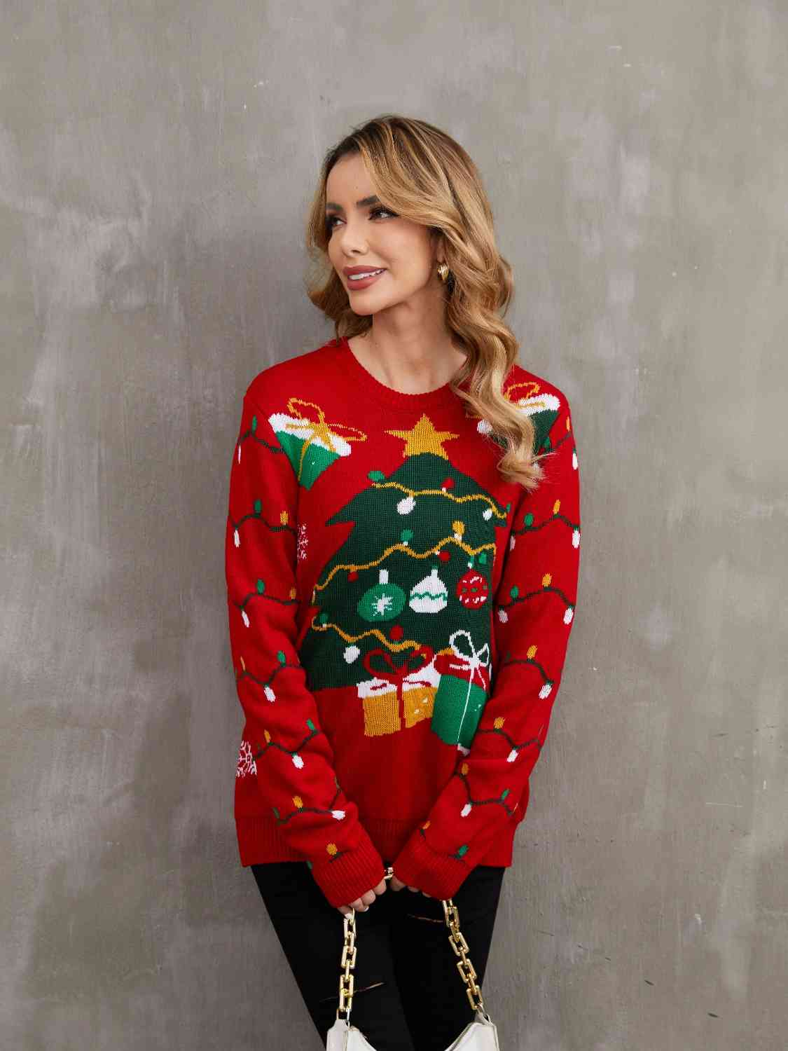 Bold Knit Christmas Tree Lights Round Neck Classy Holiday Winter Sweater