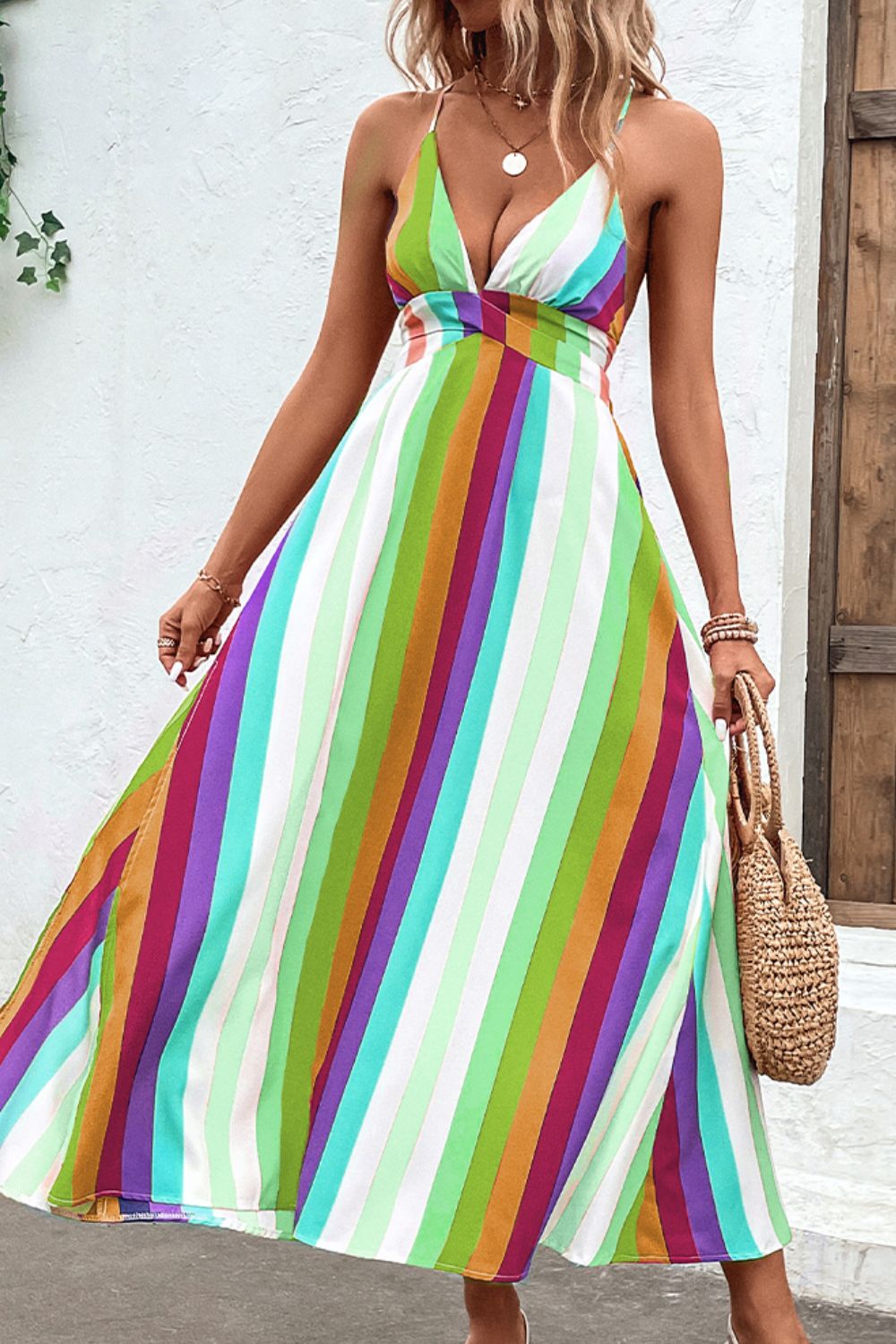 Bright Summer Stripe Backless Cross Tie Split Leg Maxi Dress (Plus Size Available)