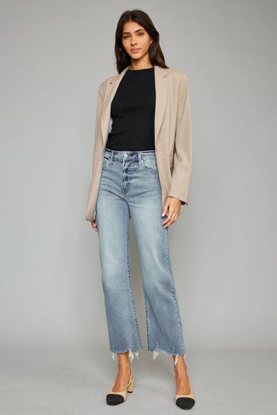 KanCan High-Rise Waist Raw Distressed Cropped Hem Wide Leg Mom Denim Jean Pants