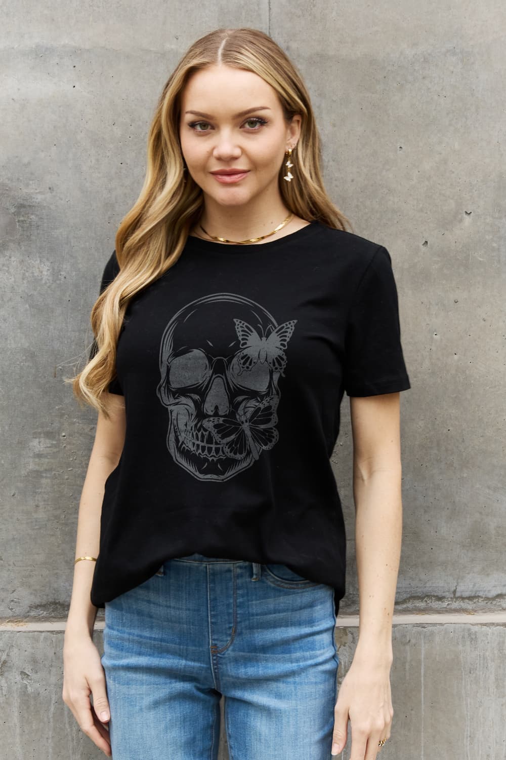 Butterfly Skull Contrasting Graphic 100% Cotton Short-sleeve Tee Shirt