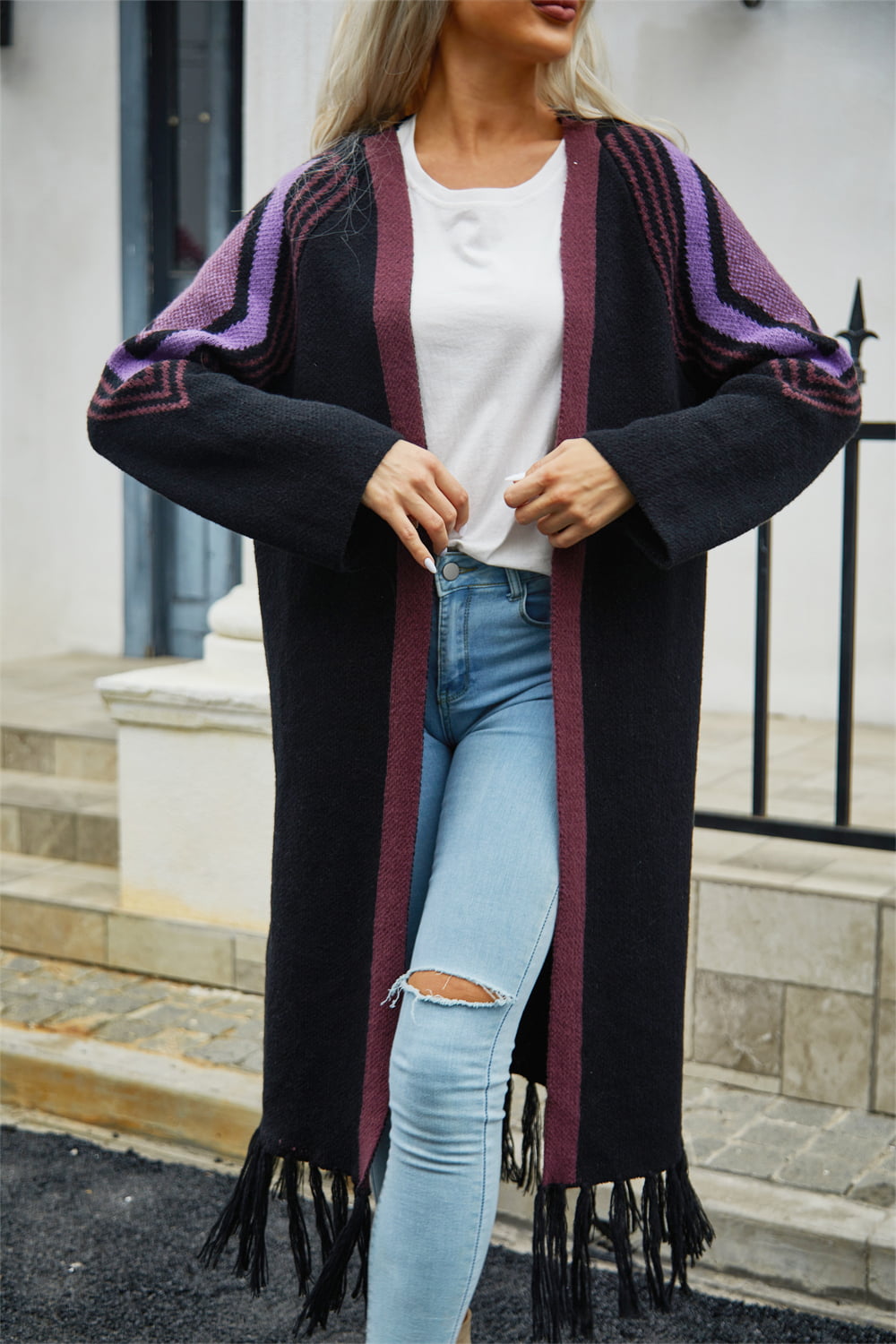 Fringe Retro Geometric Knit Cardigan Sleeve Colorful Open Front Sweater Duster