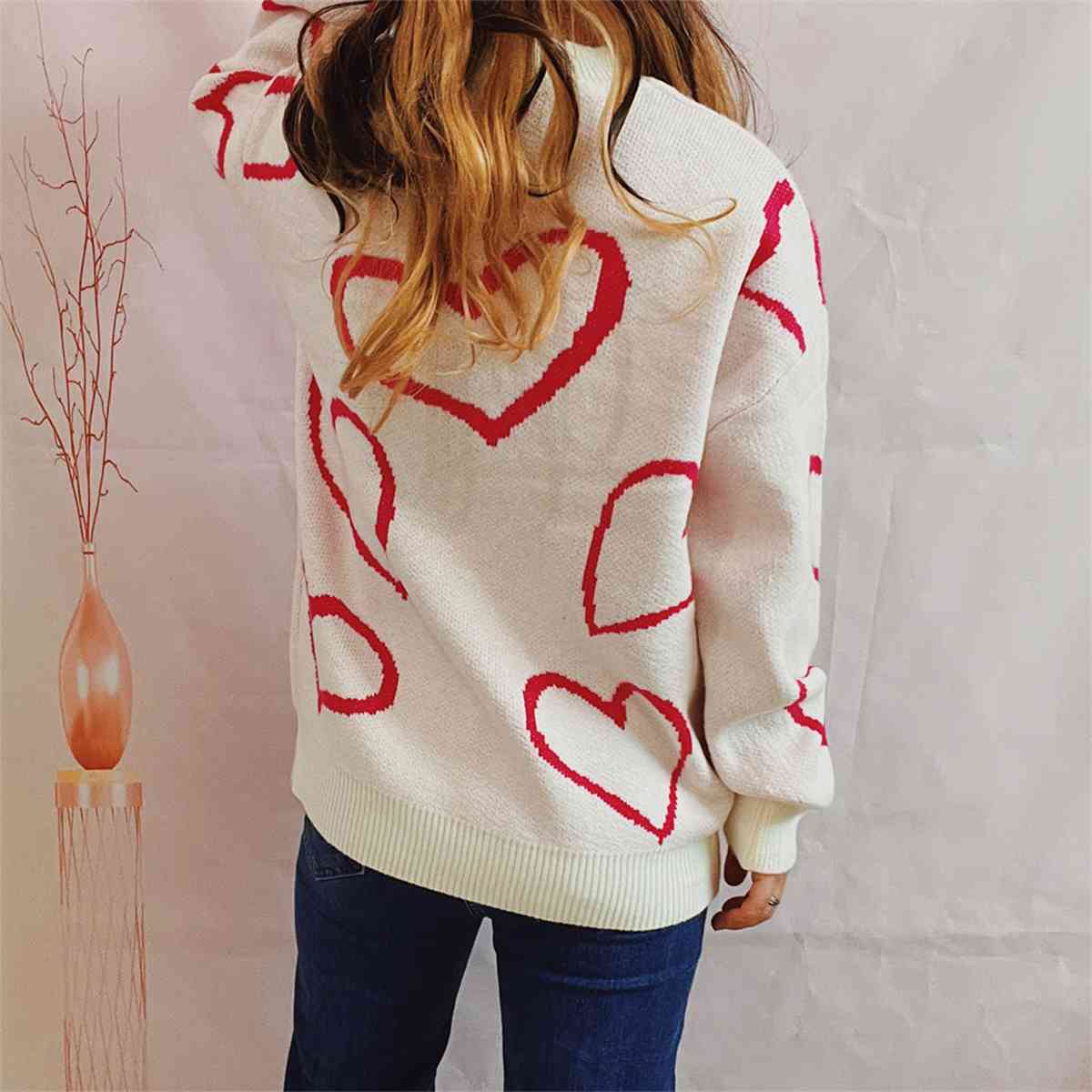Knit Heart Color Contrasting Classic Long Sleeve Round Neck Pullover Sweater Top
